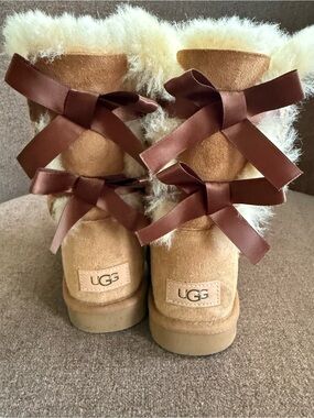 UGG Chestnut Suede Boots with Chocolate Satin Bows